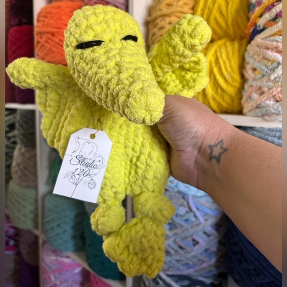 Handmade Crochet mini sparkle green dinosaur knotted lovey